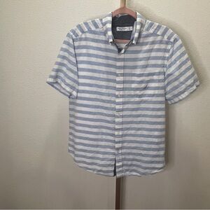 Nautica short sleeve button down Linen Blend shirt Blue & White Striped Large